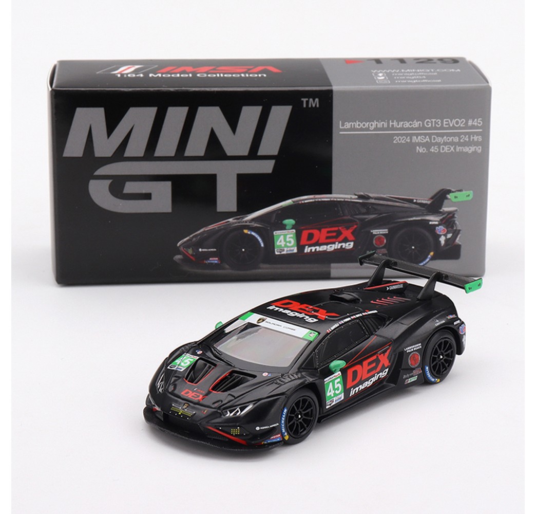 Mini GT 1129 Lamborghini Huracán GT3 EVO2 45 No. 45 DEX Imaging  2024 IMSA Daytona 24 Hrs